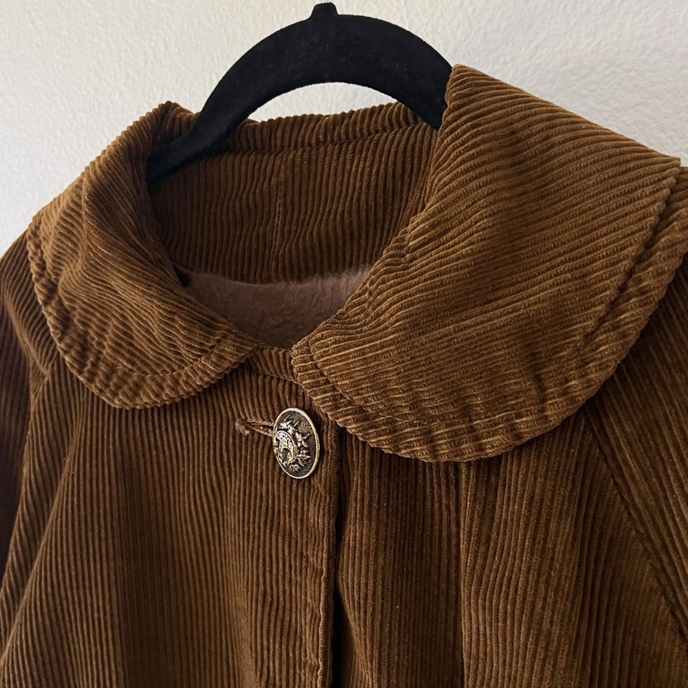 Vintage Camel Brown Corduroy Coat Peter Pan Collar Bracelet Sleeves - Picture 3 of 15